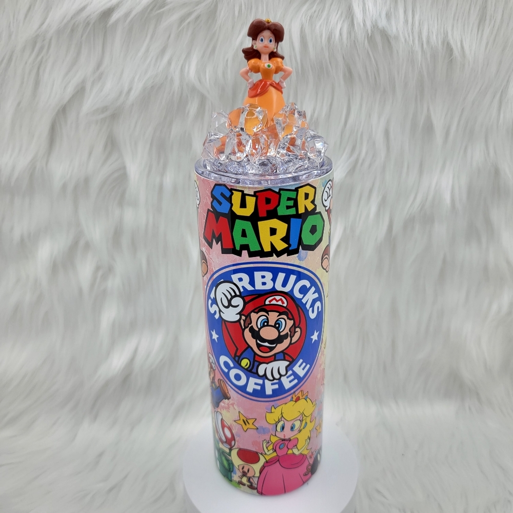 Super Mario skinny tumbler drinking cup 20 Oz. with ice topper Princess peach.